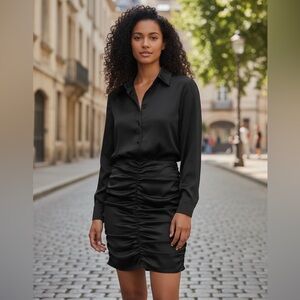 Retrofete Black Silk Satin Long Sleeve Ruched Button Down Shirt Dress